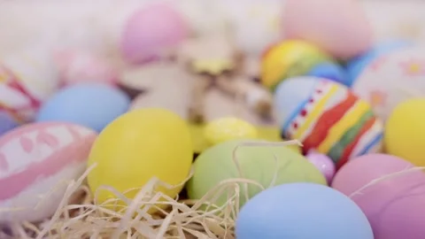 Happy Easter! Easter eggs on festive background. Easter holiday decorations. Stock Footage 236341757