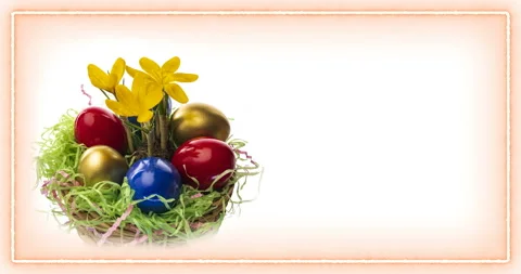 Happy Easter. Easter eggs, flowers and decorations. Easter composition on white Stock-Footage 146744578