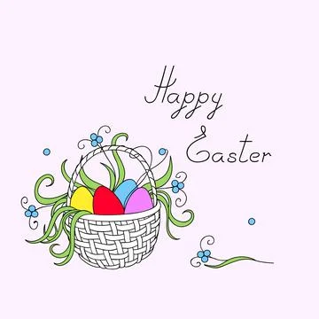 Happy easter with easter eggs, flowers in the basket Stock Illustration