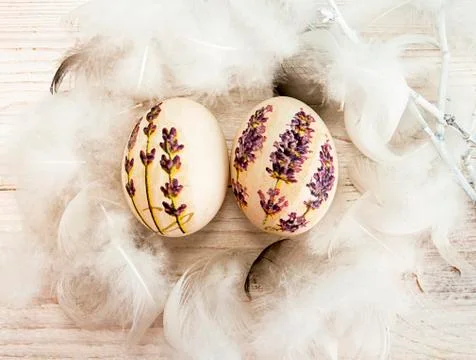 Happy Easter. Easter eggs with lavender decoupage and down Stock Photos