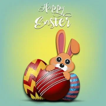 Happy Easter. Easter eggs, rabbit and cricket ball Stock Illustration