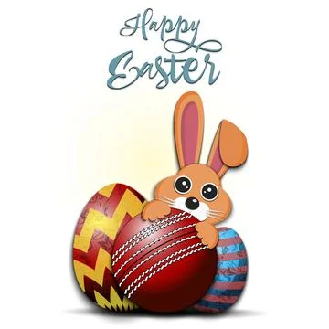 Happy Easter. Easter eggs, rabbit and cricket ball Stock Illustration