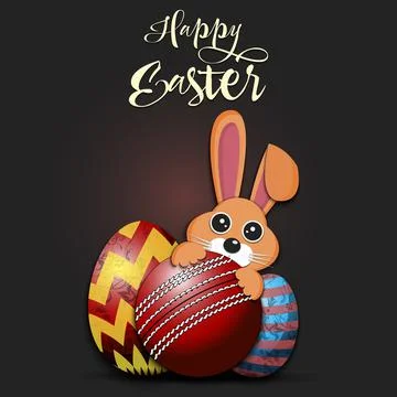 Happy Easter. Easter eggs, rabbit and cricket ball Stock Illustration
