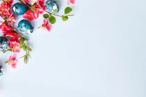 Happy Easter! Easter eggs with red blossom flat lay on blue background. spr.. Stock Photos