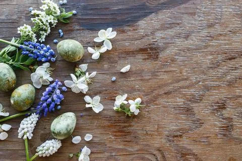 Happy Easter! Easter eggs with spring flowers flat lay on rustic wooden bac.. Stock Photos