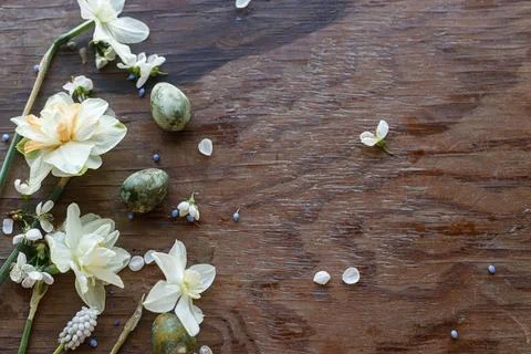 Happy Easter! Easter eggs with spring flowers flat lay on rustic wooden bac.. Stock Photos