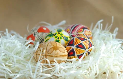 Happy Easter. Easter eggs with traditional Ukrainian ornament. Stock Photos