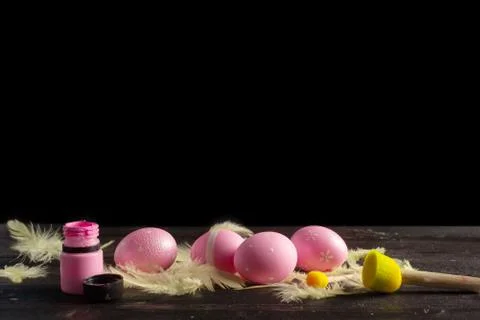 Happy easter! Easter eggs on wooden background Stock Photos