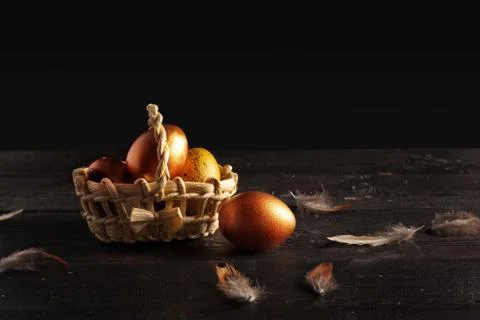 Happy easter! Easter eggs on wooden background Stock Photos