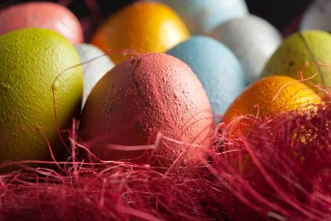 Happy easter! Easter eggs on wooden background Stock Photos