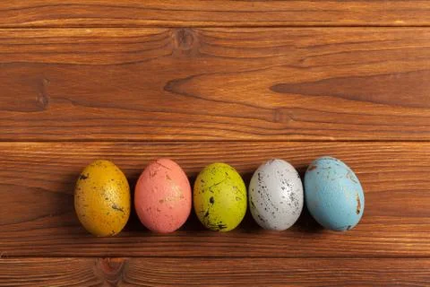 Happy easter! Easter eggs on wooden background Stock Photos