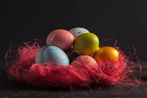 Happy easter! Easter eggs on wooden background Stock Photos