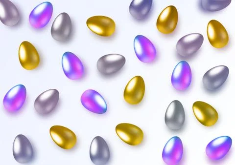 Happy easter with easter holographic, gold and silver eggs. Horizontal template Stock Illustration