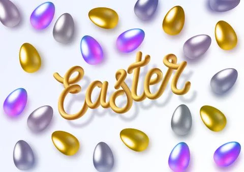 Happy easter with easter holographic, gold and silver eggs. 3D realistic Illustrazione stock