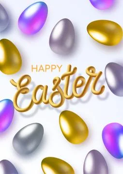 Happy easter with easter holographic, gold and silver eggs. 3D realistic Illustrazione stock