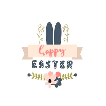 Happy Easter easter label. Background with Cute rabbit ears and floral deco.. Stock Illustration