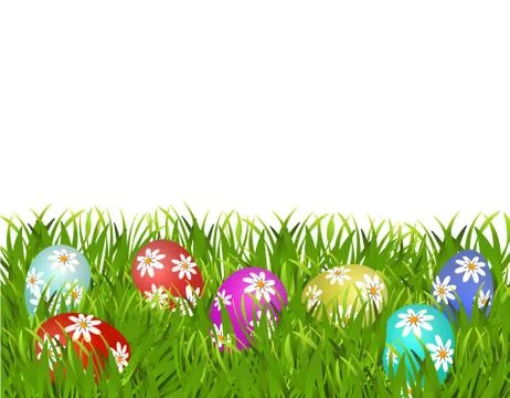 Happy easter. Easter painted eggs with a pattern of daisies in the grass. i.. Stock Illustration
