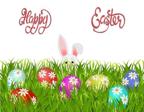 Happy easter. Easter painted eggs with a pattern of daisies and a rabbit in.. Illustrazione stock