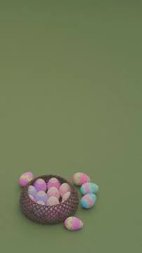 Happy easter, Easter painted eggs in the basket. Copy space Stock Photos