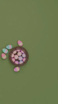 Happy easter, Easter painted eggs in the basket. Copy space Stock Photos