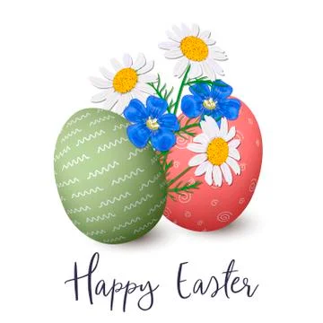 Happy Easter. Easter red and green decorated eggs with Daisy or chamomile Wil Stock Illustration