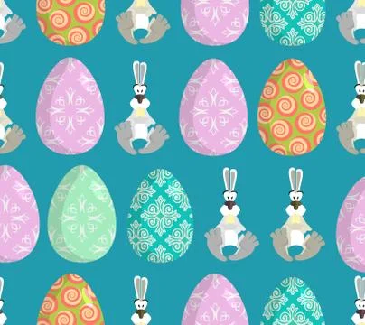 Happy Easter. Easter seamless pattern. Traditional eggs. Rabbit ornament. Fes Stock Illustration