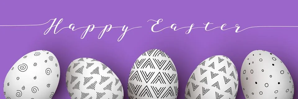 Happy Easter. Easter white eggs in row with monochrome simple decoration on Stock Illustration