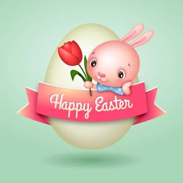 Happy Easter Egg Banner with  Cute Easter Bunny Holding Tulip Flower Illustrazione stock