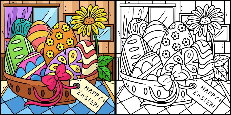 Happy Easter Egg Basket Coloring Illustration Stock Illustration