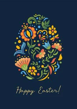 Happy Easter. Egg with botanical pattern. Mexican or Slavic folk flowers Stock Illustration