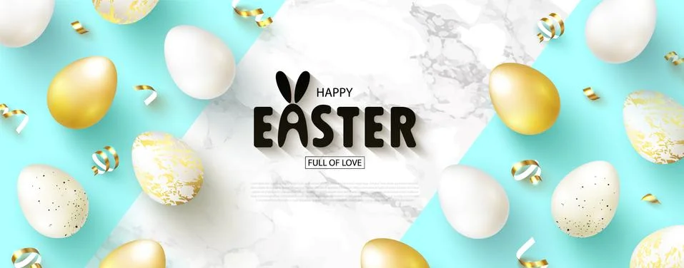 Happy Easter Egg hunt. Beautiful banner with Golden and white eggs and Illustrazione stock