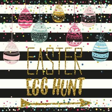 Happy Easter Egg Hunt holiday celebration card with hand drawn lettering desi Stock Illustration