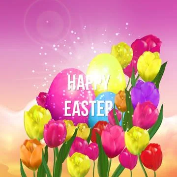 Happy Easter, egg hunt poster template with blurry sky design. Stock Illustration
