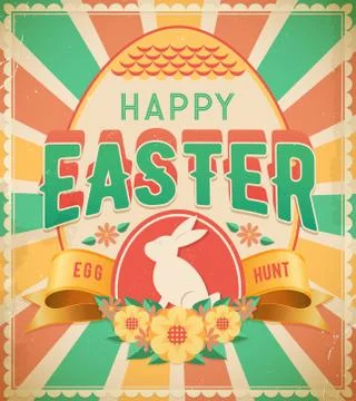 Happy Easter egg hunt vintage card, vector poster Stock Illustration