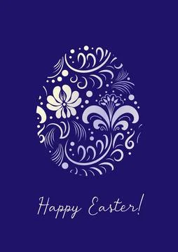 Happy easter. Egg with pattern in Russian Gzhel style. Traditional botanical 스톡 일러스트