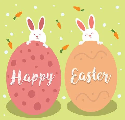 Happy easter egg rabbits and carrots on green background vector Stock Illustration