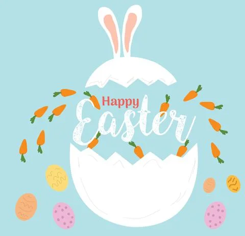 Happy easter egg rabbits and carrots on blue background vector Stock Illustration