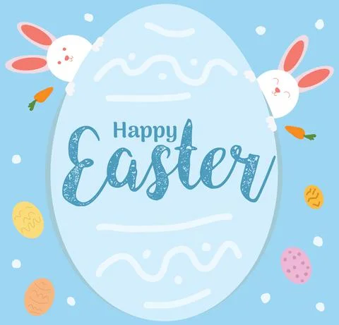 Happy easter egg rabbits and carrots on blue background vector Stock Illustration