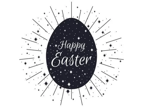 Happy easter egg with rays. Black and white color retro label. Pattern drops  Stock Illustration