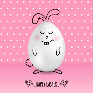 Happy Easter egg in a shape of cute happy smiling bunny on colored pink dotted Illustrazione stock