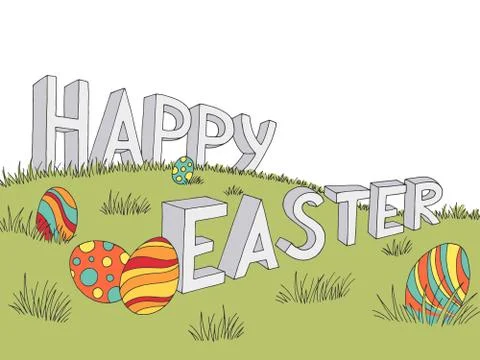 Happy Easter egg text letter grass hill graphic color landscape background sketc Illustrazione stock