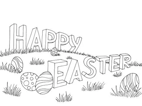 Happy Easter egg text letter grass hill graphic black white landscape background Stock Illustration