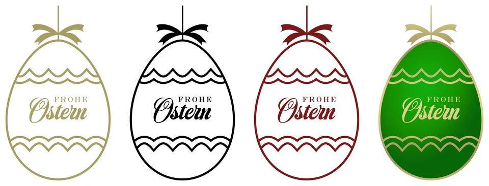 Happy Easter Egg vector set. Outline eggs with gift ribbon and german greeting. Stock Illustration
