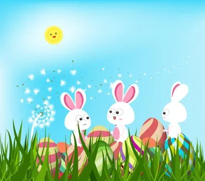 Happy easter eggs and bunny background with white dandelions Stock Illustration