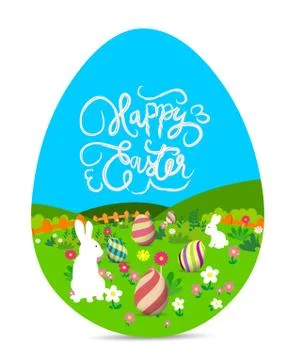 Happy easter with eggs and bunny landscape Illustrazione stock