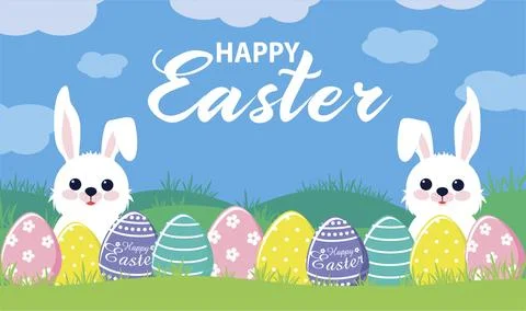 Happy Easter with eggs and bunny banner Stock Illustration
