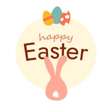 Happy Easter, Eggs and Bunny. Greeting card, children poster. Round cute Rabbit Stock Illustration