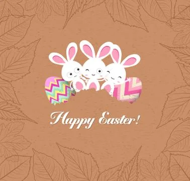 Happy easter eggs and bunnys with leaves greeting card Stock Illustration