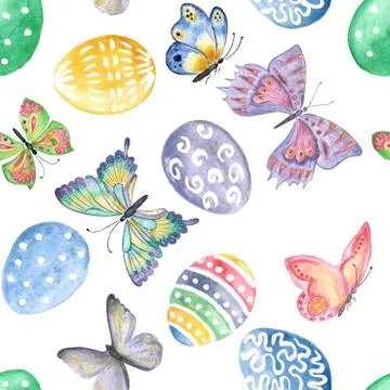 Happy Easter. Eggs and butterflies seamless pattern. Watercolor hand drawn ba Stock Illustration