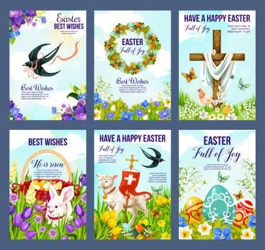 Happy Easter eggs and crucifix in flowers cards Illustrazione stock